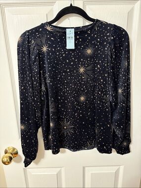 LOFT Navy Velvet Long Sleeve Top with  Gold Starburst Print